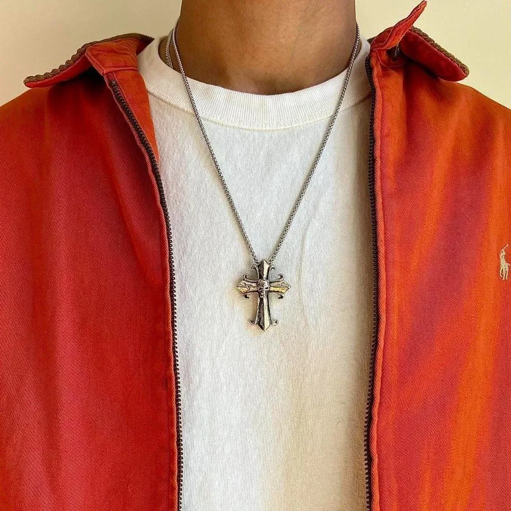 y2k grunge chrome color silver cross skull pendant necklace